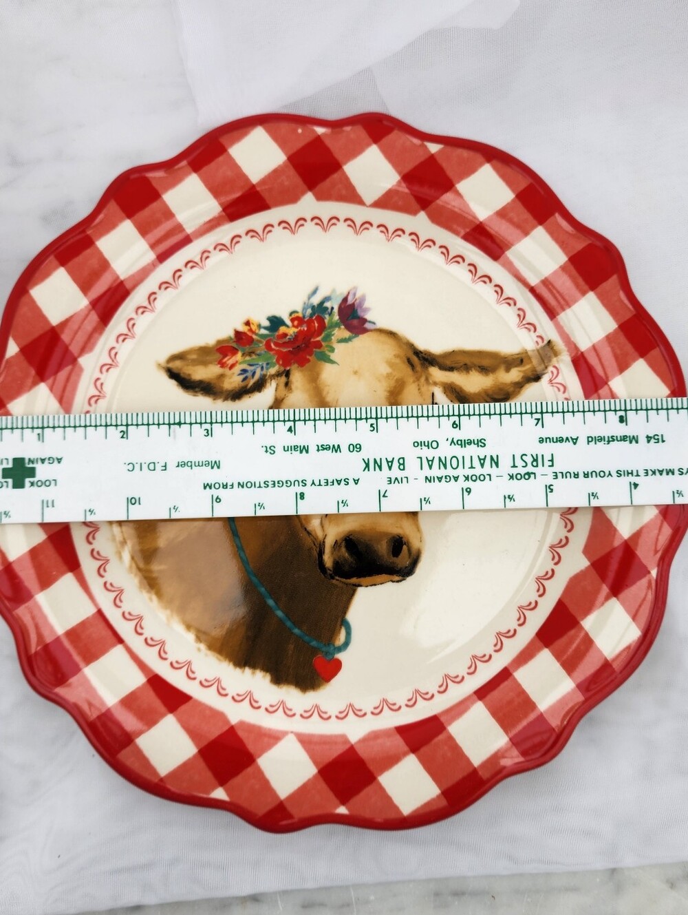 Four (4) Pioneer Woman Red & White Gingham w/Cow Pattern 8.5" Plates Never Used - Picture 7 of 8